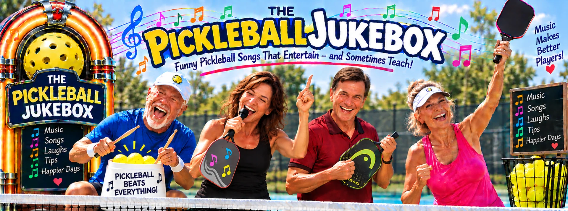 The Pickleball Jukebox — funny pickleball songs that entertain, and sometimes teach! Four smiling players on a court with a jukebox.